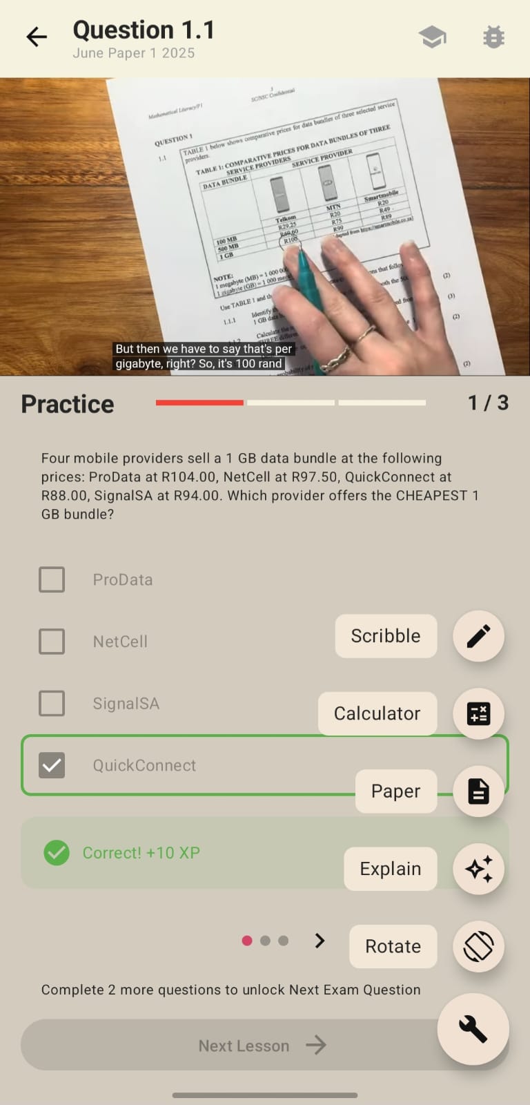 Video + practice in one screen